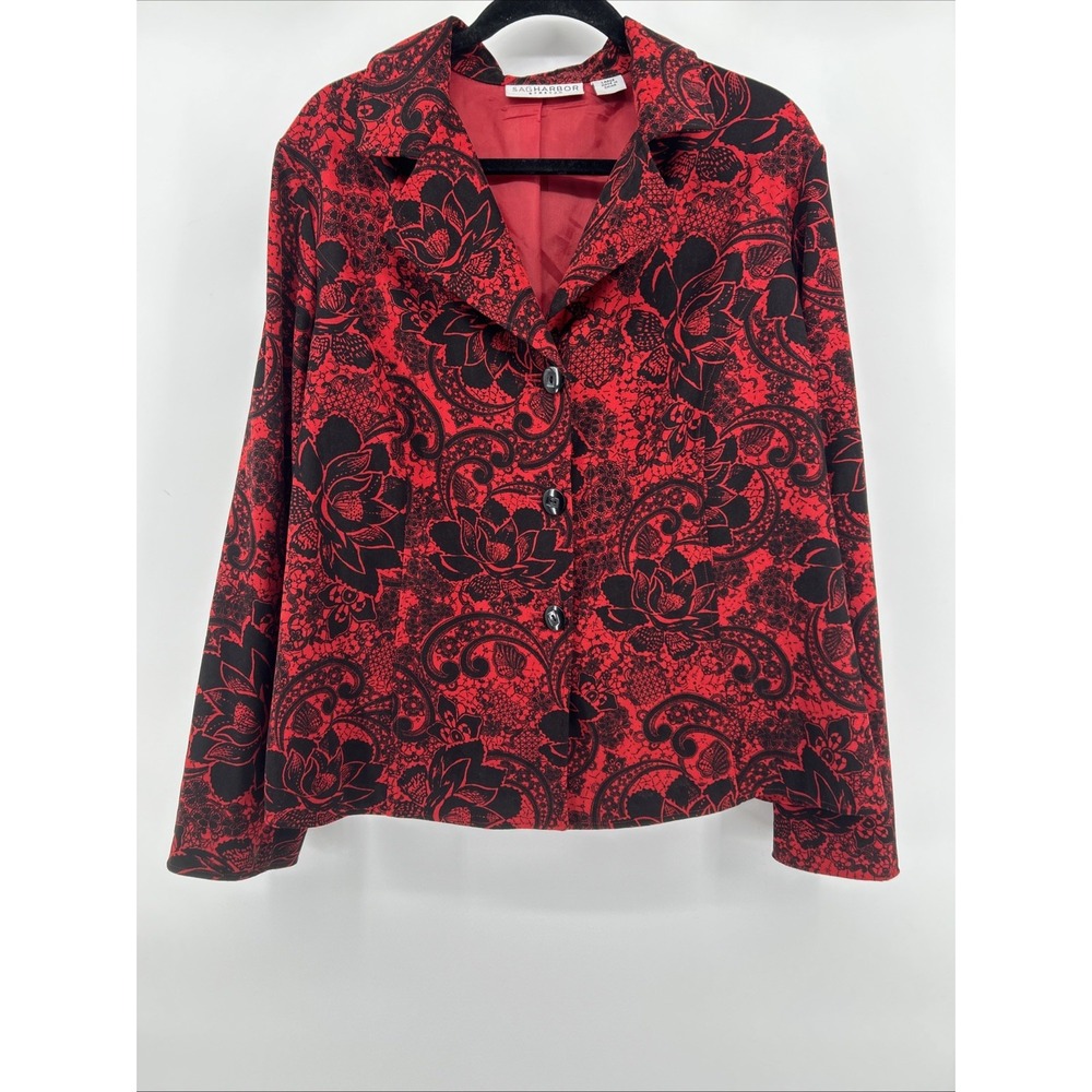VTG Sag Harbor Red Black Floral Brocade Blazer Jacket Cottagecore Whimsigoth L